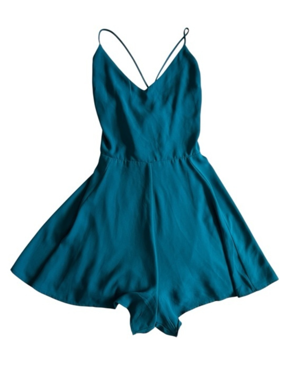 Express Teal V-Neck Spaghetti Strap Romper lace up back